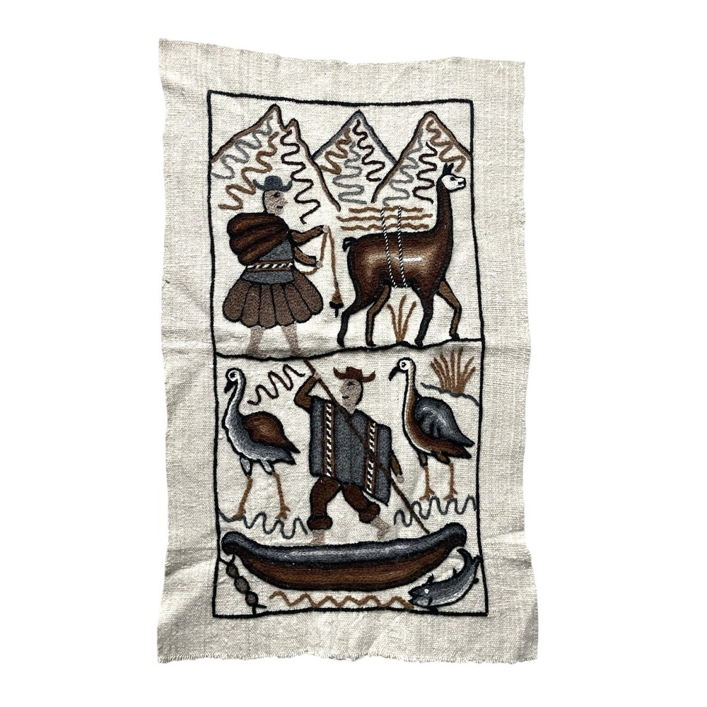 Vintage Andean wool appliqué textile wall Hanging llama, fisherman, and Mountain